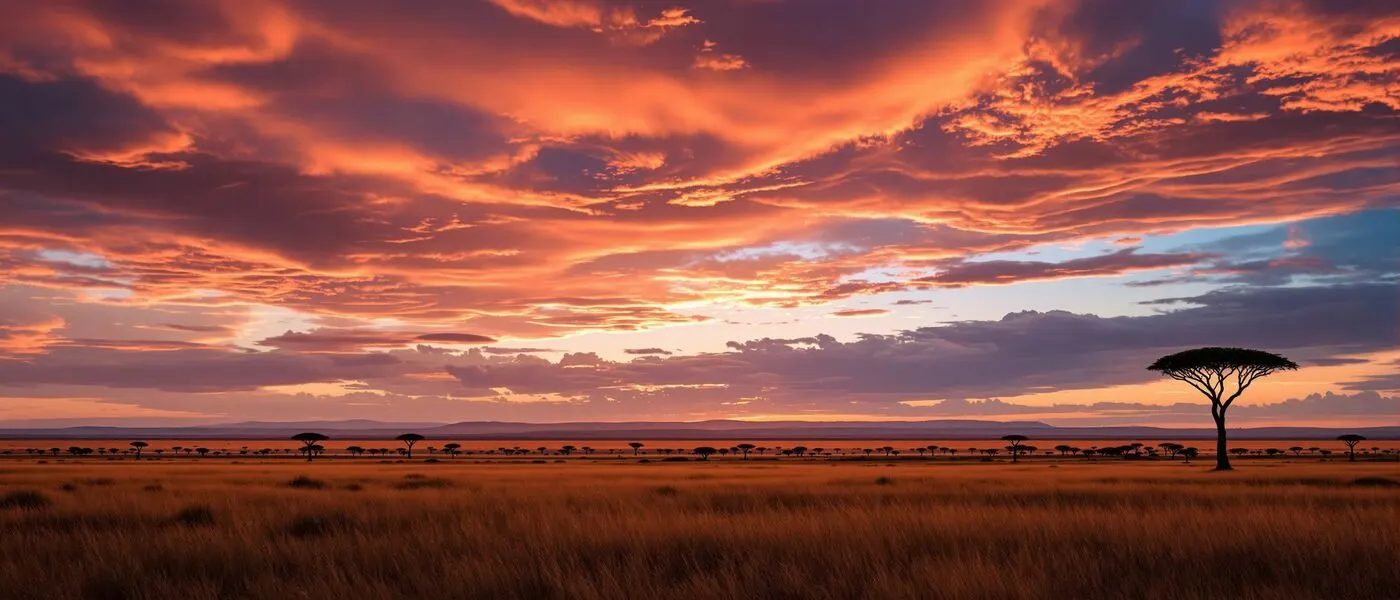 African savanna at golden hour with silhouetted acacia trees