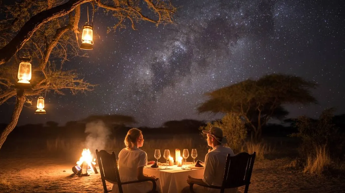 Intimate candlelit bush dinner for two under African stars with lanterns and campfire