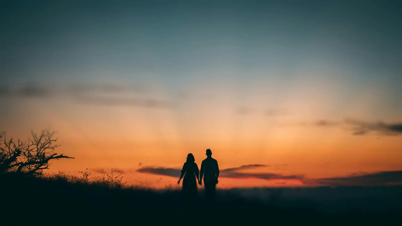 Romantic couple silhouetted at sunset on the African savanna with golden acacia trees — honeymoon safari in Africa