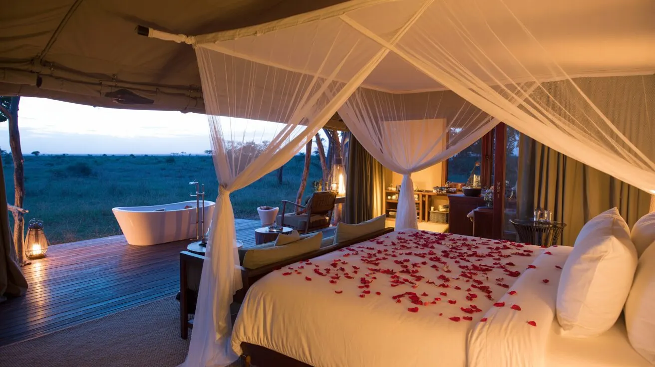 Ultra-luxury safari suite with romantic four-poster bed, rose petals, and outdoor bathtub overlooking African wilderness