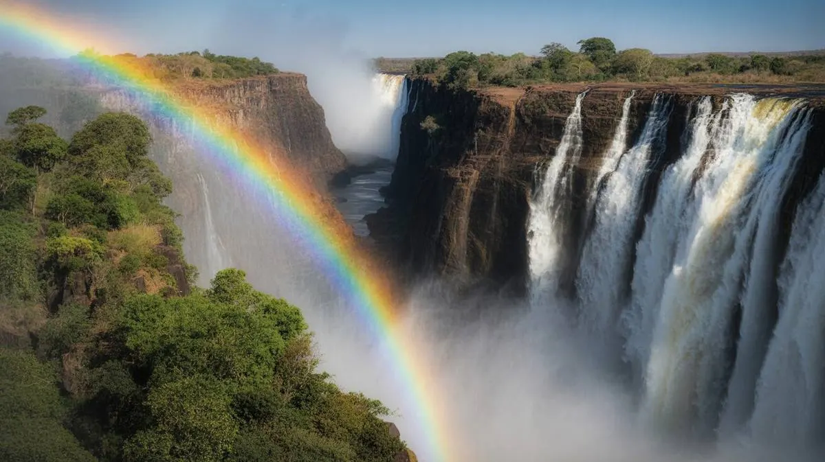 Victoria Falls with dramatic spray and rainbow — adventure honeymoon safari destination
