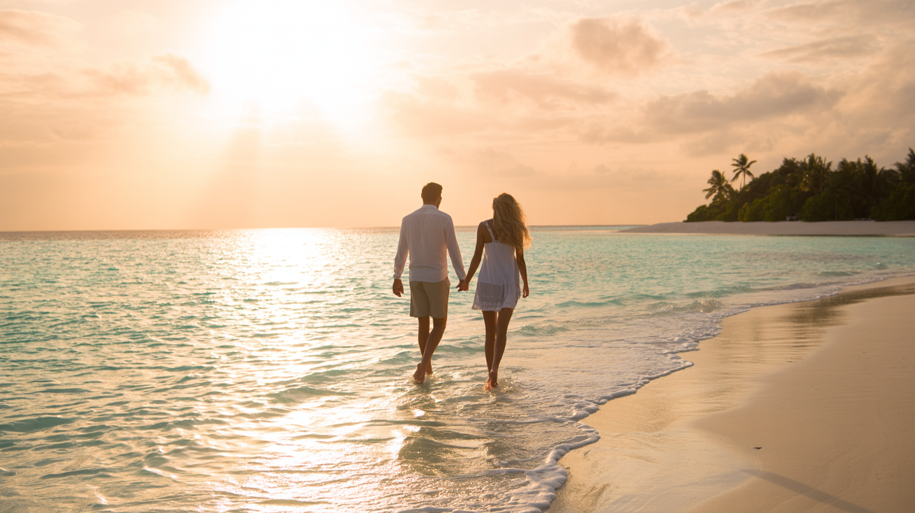 Romantic honeymoon couple walking on a tropical beach at sunset — Zanzibar, Maldives, Seychelles