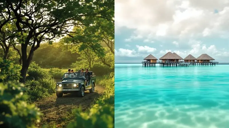Bush and beach honeymoon concept — African safari on the left transitioning to tropical beach paradise on the right