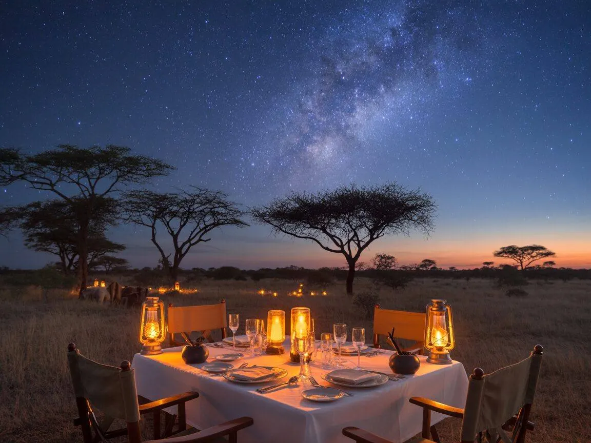 Private romantic bush dinner under African stars with candles and lanterns — honeymoon safari experience