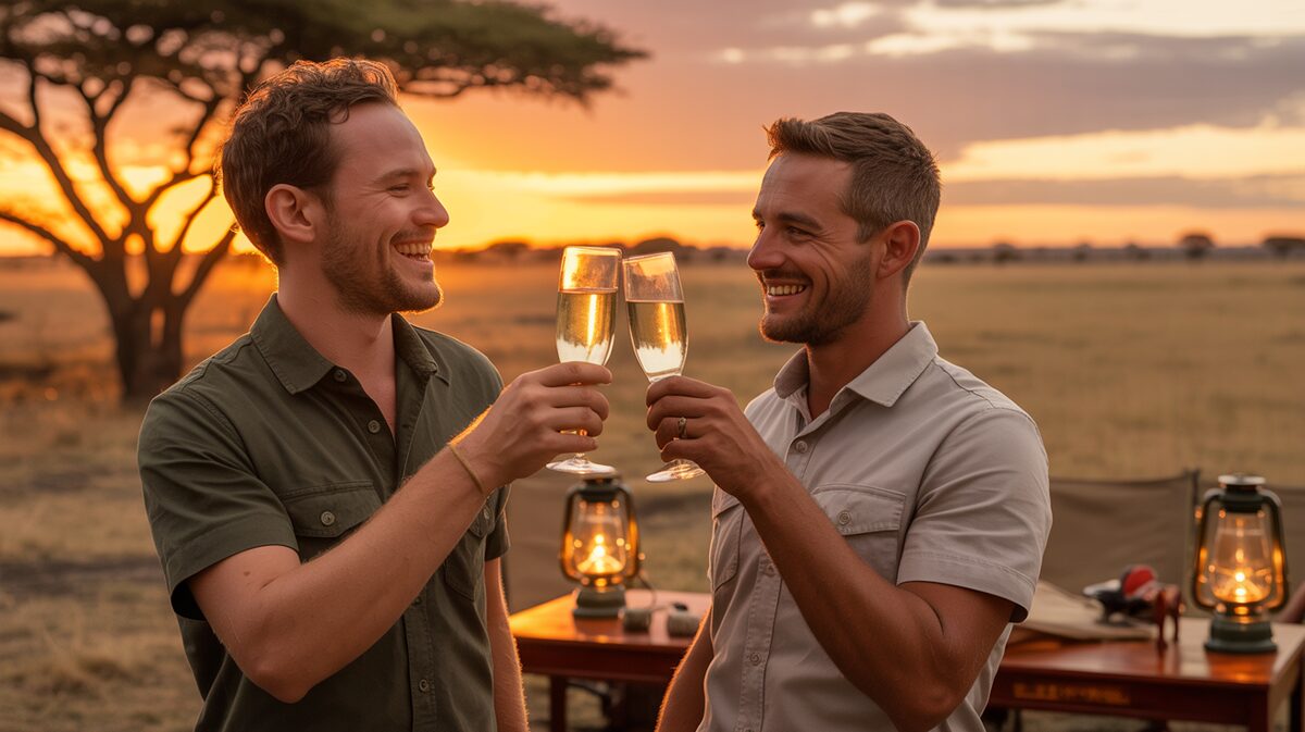 Two men celebrating a safari sundowner with champagne at sunset