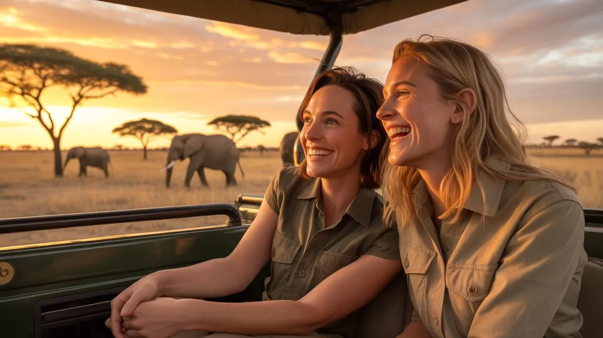 LGBTQ+ couple on an African safari game drive at golden hour