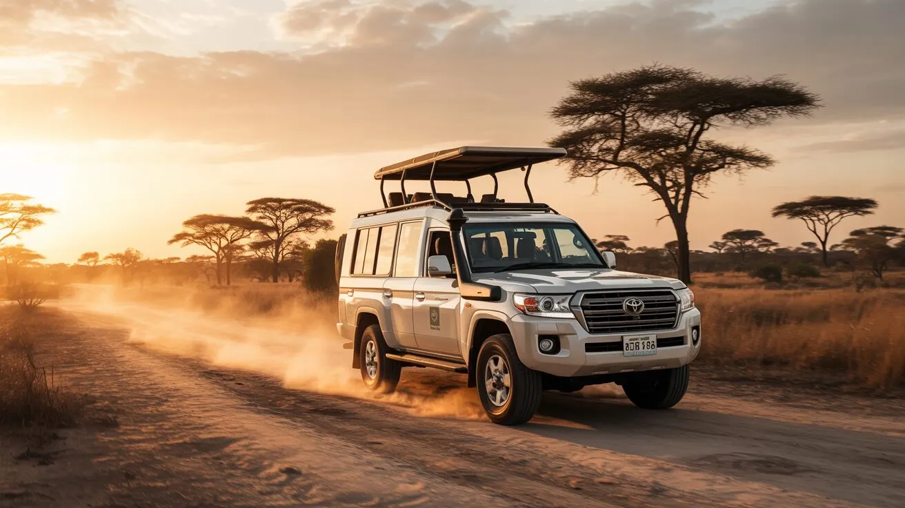 Safari vehicle on African road at sunset